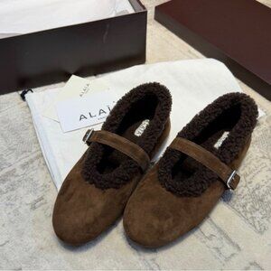 Alaia Brown Suede Flats with Shearling Trim